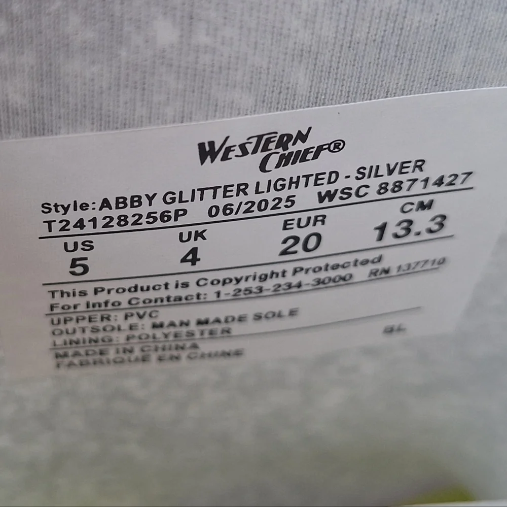 Western Chief Abby Glitter Lighted Silver Rain Boots Size 5